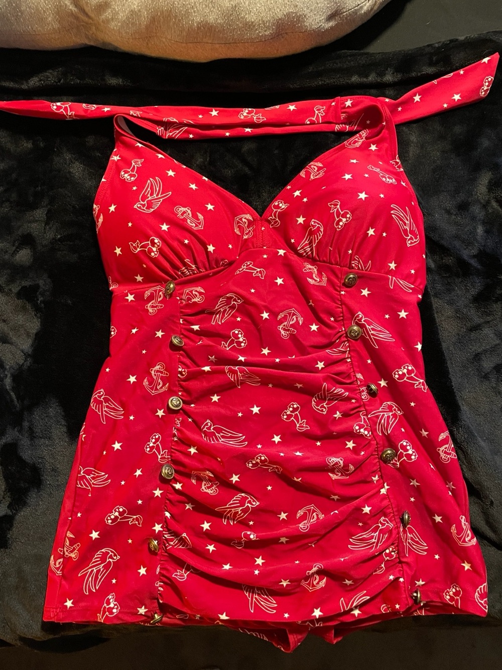 Hot Topic Red Nautical Tattoo Print Halter One Piece swimsuit – Size Large